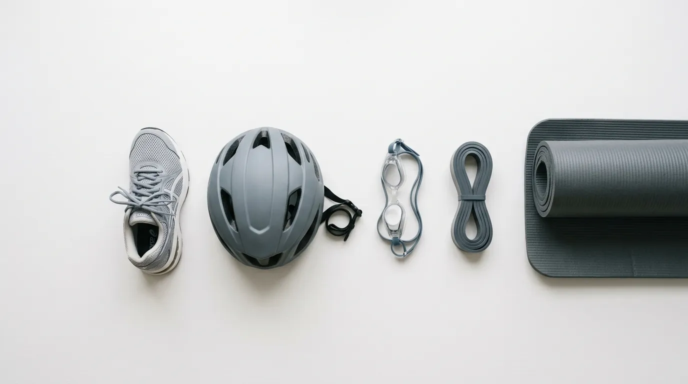 Running shoe, helmet, goggles, resistance band and yoga mat