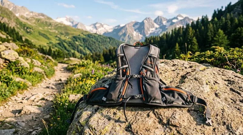 Hydration vest on a rock along a mountain trail